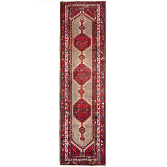 Azerbaijan Persian Rug 14'5" x 3'8" - Semi Antique Medallion Red, Cream Hand Knotted | front view | SKU 112433