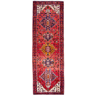 Azerbaijan Persian Rug 10'10" x 3'6" - Semi Antique Medallion Red, Cream Hand Knotted | front view | SKU 112437