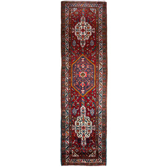 Azerbaijan Persian Rug 14x3 ft - Semi Antique Medallion (Toranj), Geometric Madder Red, Navy Blue, Cream Hand Knotted | front view | SKU 112438