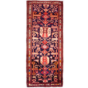 Azerbaijan Persian Rug 9x3 ft - Semi Antique Medallion Red, Cream Hand Knotted | front view | SKU 112441