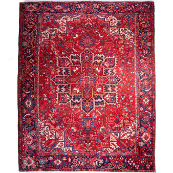 Heriz Persian Rug 12'10" x 9'8" - Semi Antique Medallion Red, Brown Hand Knotted | front view | SKU 112456