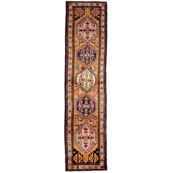 Ardabil Persian Rug 9x2 ft - Semi Antique Medallion Geometric Terracotta, Cream, Navy Blue Hand Knotted | front view | SKU 112459