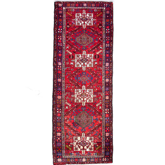 Karaja Persian Rug 10x3 ft - Semi Antique Medallion Ultramarine, Red Hand Knotted | front view | SKU 112460