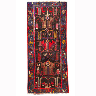 Qazvin Persian Rug 8x3 ft - Semi Antique Mihrab (Prayer), Geometric Dark Red, Navy Blue, Burgundy Hand Knotted | front view | SKU 110111