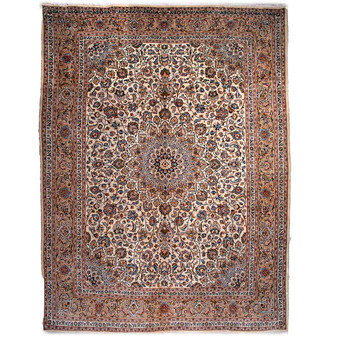 Kashmar Persian Rug 13x9 ft - Semi Antique Medallion Toranj, Shah Abbasi Cream, Rust Red, Navy Blue Hand Knotted | front view | SKU 112513