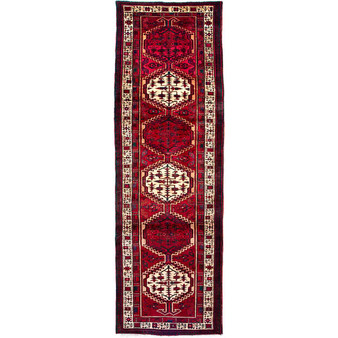 Sarab Persian Rug 10x3 ft - Semi Antique Medallion (Toranj), Geometric Madder Red, Cream, Burgundy Hand Knotted | front view | SKU 112515