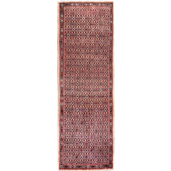 Moud Persian Rug 10x3 ft - Semi Antique Herati Red, Navy Blue, Cream Hand Knotted | front view | SKU 112521