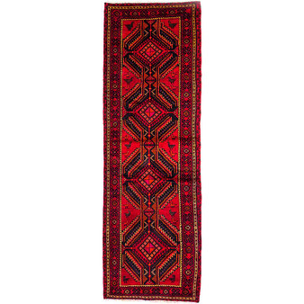 Baluch Persian Rug 11'10" x 3'8" - Semi Antique Mihrab Red, Blue Hand Knotted | front view | SKU 112525