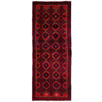 Baluch Persian Rug 5'4" x 2'1" - Semi Antique Mihrab Red, Blue Hand Knotted | front view | SKU 112559