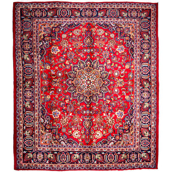 Mashhad Persian Rug 9x8 ft - Semi Antique Medallion (Toranj), Shah Abbasi Crimson, Navy Blue, Cream Hand Knotted | front view | SKU 112560