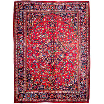 Mashad Persian Rug 11'2" x 7'10" - Semi Antique Medallion Crimson, Ultramarine Hand Knotted | front view | SKU 112561