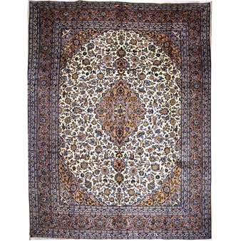 Mashad Persian Rug 12'11" x 9'8" - Semi Antique Medallion Crimson, Ultramarine Hand Knotted | front view | SKU 112563