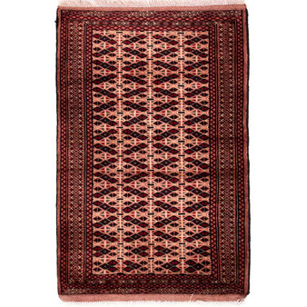 Turkmen Persian Rug 3'9" x 2'6" - Semi Antique Geometric Crimson, Navy Blue Hand Knotted | front view | SKU 112564