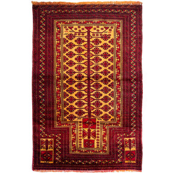 Baluch Persian Rug 5x3 ft - Semi Antique Mihrab Red, Blue Hand Knotted | front view | SKU 112569