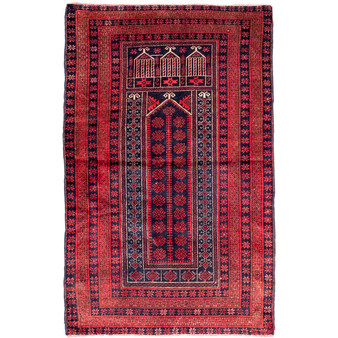 Baluch Persian Rug 5'1" x 3'1" - Semi Antique Mihrab Red, Blue Hand Knotted | front view | SKU 112571
