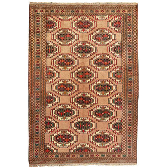 Turkmen Persian Rug 6'7" x 4'7" -  Geometric Crimson, Navy Blue Hand Knotted | front view | SKU 110116