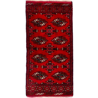 Turkmen Persian Rug 4x2 ft - Semi Antique Geometric Crimson, Navy Blue Hand Knotted | front view | SKU 112576