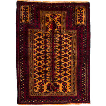 Baluch Persian Rug 4x3 ft  Semi Antique Mihrab Red, Blue Hand Knotted | front view | SKU 112580