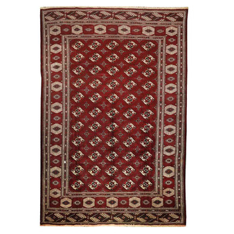 Turkmen Persian Rug 13'5" x 9'0" - Semi Antique Geometric Crimson, Navy Blue Hand Knotted | front view | SKU 110117