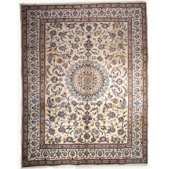 Nain Persian Rug 12'12" x 9'6" - Semi Antique Medallion Cream, Beige Hand Knotted | front view | SKU 112586