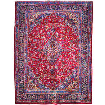 Kashmar Persian Rug 11'2" x 8'2" - Semi Antique Afshan Crimson, Ivory Hand Knotted | front view | SKU 112602