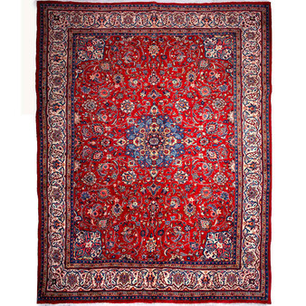 Mahal Persian Rug 13'1" x 9'10" - Semi Antique Medallion Ivory, Pink Hand Knotted | front view | SKU 112607