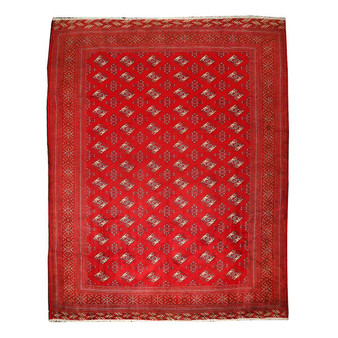 Turkmen Persian Rug 12'7" x 10'2" - Semi Antique Geometric Crimson, Navy Blue Hand Knotted | front view | SKU 110118