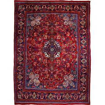 Sarouk Persian Rug 13x9 ft - Semi Antique Medallion Red, Blue Hand Knotted | front view | SKU 112609