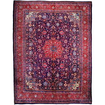 Arak Persian Rug 13x9 ft - Semi Antique Medallion Eslimi Navy Blue, Madder Red, Crimson Hand Knotted | front view | SKU 112611