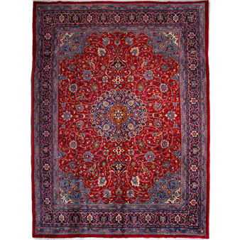 Mahal Persian Rug 13'1" x 9'10" - Semi Antique Medallion Ivory, Pink Hand Knotted | front view | SKU 112625