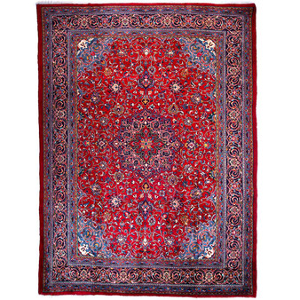 Mahal Persian Rug 12x8 ft - Semi Antique Eslimi (Arabesque), Medallion (Toranj) Red, Navy Blue, Ivory Hand Knotted | front view | SKU 112627