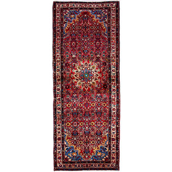 Hamadan Persian Rug 10x3 ft - Semi Antique Afshan Red, Blue Hand Knotted | front view | SKU 112631