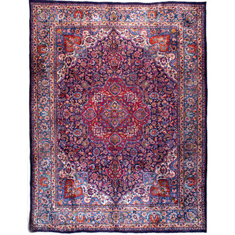 Mashhad Persian Rug 12x9 ft - Semi Antique Shah Abbasi, Medallion (Toranj) Navy Blue, Crimson, Ivory Hand Knotted | front view | SKU 112654