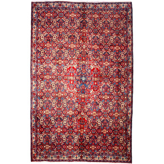 Arak Persian Rug 8x5 ft - Semi Antique Herati (Mahi), Medallion (Toranj) Madder Red, Crimson, Navy Blue Hand Knotted | front view | SKU 112656