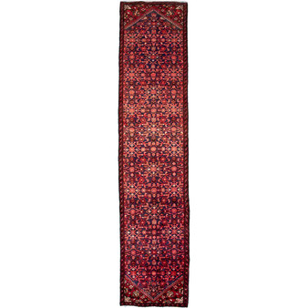 Hamadan Persian Rug 12'6" x 2'7" - Semi Antique Afshan Red, Blue Hand Knotted | front view | SKU 112658