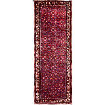 Hamadan Persian Rug 10'6" x 3'5" - Semi Antique Afshan Red, Blue Hand Knotted | front view | SKU 112661