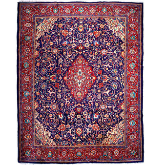 Mahal Persian Rug 12x9 ft - Semi Antique Medallion (Toranj), Herati (Mahi) Navy Blue, Madder Red, Ivory Hand Knotted | front view | SKU 112667