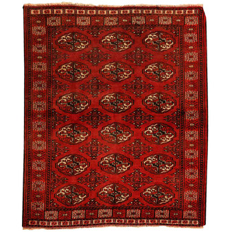Turkmen Persian Rug 4x3 ft - 25-40 Years Geometric, Turkmen Gul Madder Red, Crimson, Burgundy Hand Knotted | front view | SKU 110121