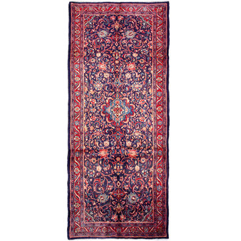 Borchelu Persian Rug 13x5 ft - Semi Antique Medallion Camel, Blue Hand Knotted | front view | SKU 112676