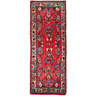 Sarouk Persian Rug 9'5" x 3'5" - Semi Antique Medallion Red, Blue Hand Knotted | front view | SKU 112680