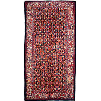 Arak Persian Rug 11x5 ft - Semi Antique Herati (Mahi), Eslimi (Arabesque) Dark Red, Crimson, Navy Blue Hand Knotted | front view | SKU 112681
