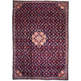 Mahal Persian Rug 10x7 ft - Semi Antique Medallion (Toranj), Herati (Mahi) Navy Blue, Madder Red, Ivory Hand Knotted | front view | SKU 112682