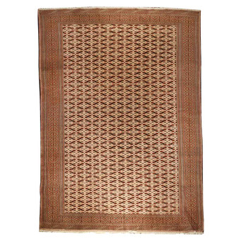 Turkmen Persian Rug 12x9 ft - Semi Antique Vaghireh Geometric Cream, Rust Red, Dark Red Hand Knotted | front view | SKU 110122