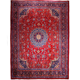 Mahal Persian Rug 13x9 ft - Semi Antique Medallion Toranj, Shah Abbasi Red, Navy Blue, Ivory Hand Knotted | front view | SKU 112684
