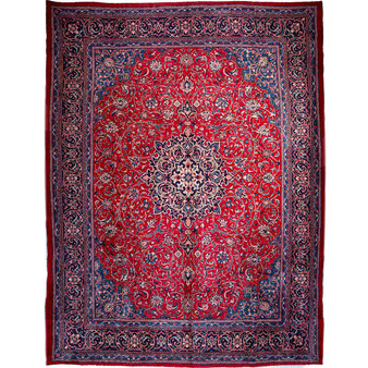 Mahal Persian Rug 14'1" x 10'6" - Antique Medallion Ivory, Pink Hand Knotted | front view | SKU 112686