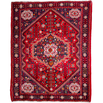 Shiraz Persian Rug 7'7" x 5'11" - Semi Antique Geometric Blue, Red Hand Knotted | front view | SKU 112703