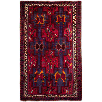 Afshar Persian Rug 8x5 ft - Semi Antique Geometric, Medallion (Toranj) Crimson, Navy Blue, Burgundy Hand Knotted | front view | SKU 112704