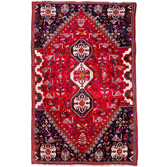 Shiraz Persian Rug 8x4 ft - Semi Antique Medallion (Toranj), Geometric Madder Red, Burgundy, Navy Blue Hand Knotted | front view | SKU 112706