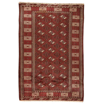 Turkmen Persian Rug 9x6 ft - Semi Antique Geometric, Turkmen Gul Madder Red, Cream, Dark Red Hand Knotted | front view | SKU 110124