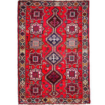 Shiraz Persian Rug 7x5 ft - Semi Antique Geometric, Gol Farang Red, Burgundy, Navy Blue Hand Knotted | front view | SKU 112708
